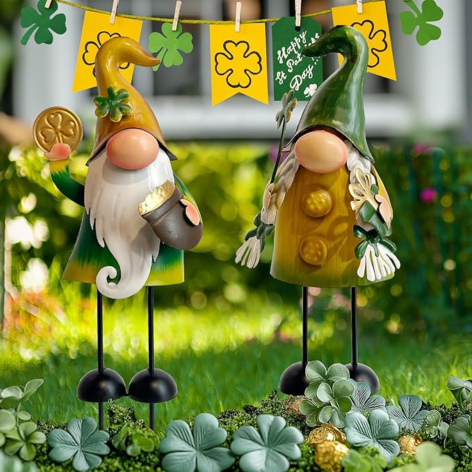 HONGLAND St.Patricks Day Decorations Outdoor Green Gnomes, Metal Gnomes Figurine Irish Leprechaun St Patricks Day Decor, Luck Shamrock Gnome for Home Outside Garden Lawn Party Yard Patio (18 INCH)-VerdiqueGarden
