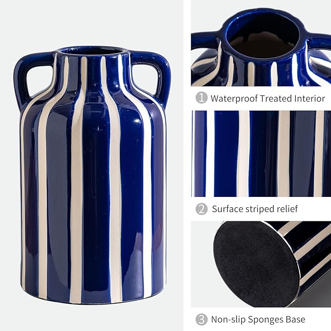 Ceramic Blue and White Checkered Stripes Vase with Handles, Modern Bohemian Floral Navy Blue Vases for Centerpieces, Cottage Core Home Decor, Flower Vases for Bouquet Mantle Bedroom Bookshelf 9.1 in-VerdiqueGarden
