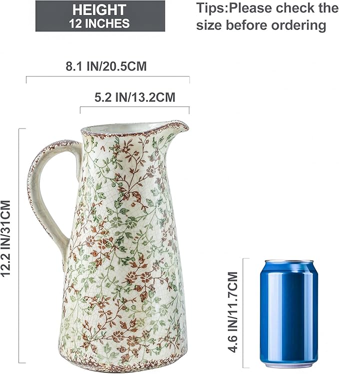 Enra Pitcher vase with Handle,12.2 in Ceramic Vintage Chinoiserie Floral Vase,Green and Beige Decorative Flower vase,Large Rustic Vases for Home Decors, Living Room, Bookshelf, Office-VerdiqueGarden