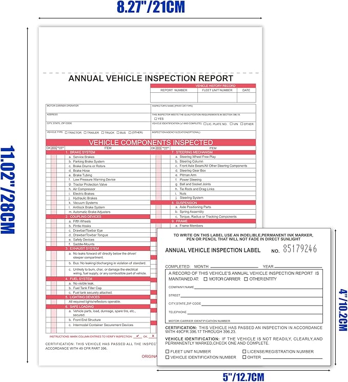 30-Pack Annual Vehicle Inspection Report Form & Adhesive Vinyl Label 2-Ply,3-Ply Carbonless Form DOT Compliant-VerdiqueGarden