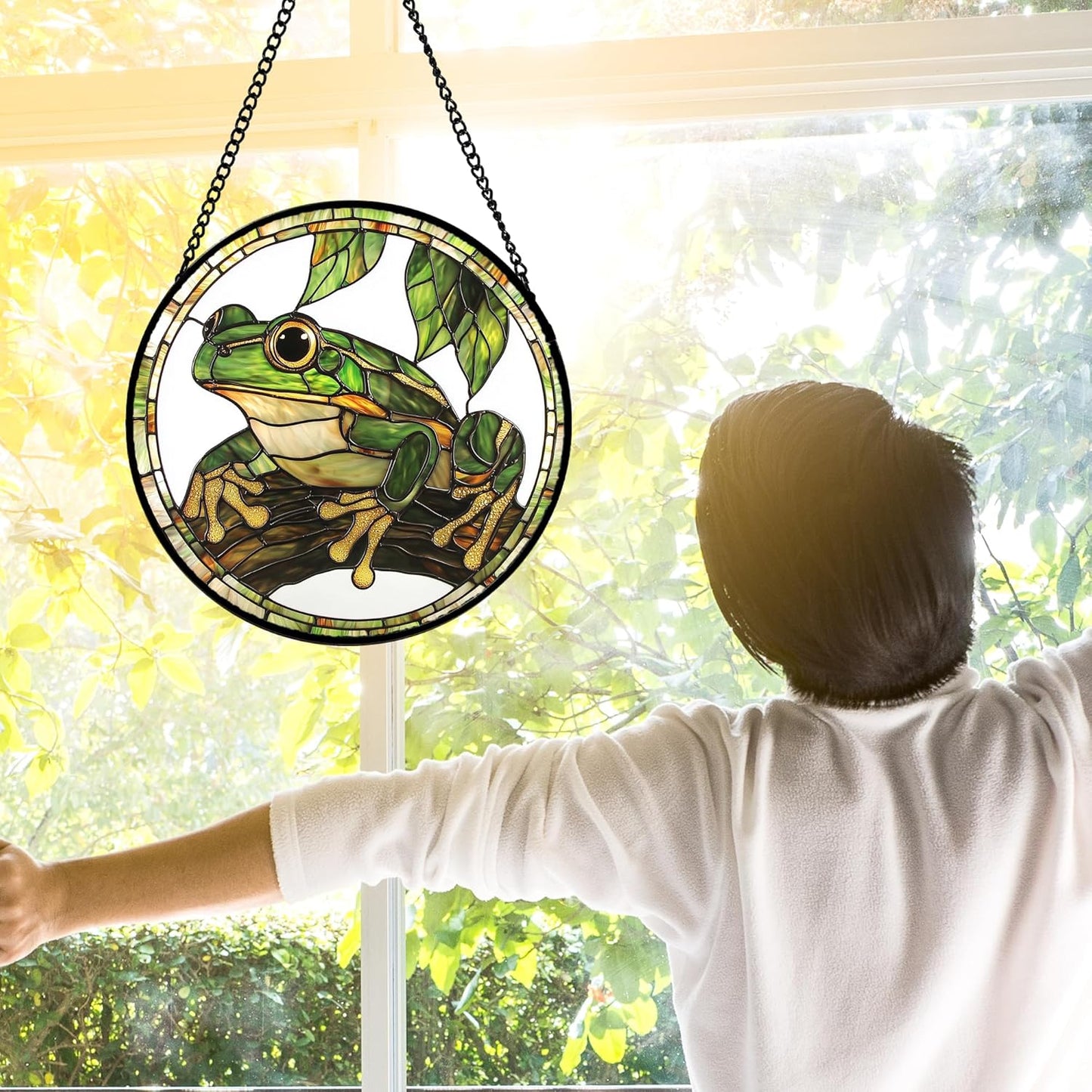 Stained Glass Window Hanging, Frog Green Leaf Sun Catchers Colorful Glass Panel Cool Suncatcher Decor for Birthday for Women, Men, Wife, Aunt, and Mom 9.8 in-VerdiqueGarden
