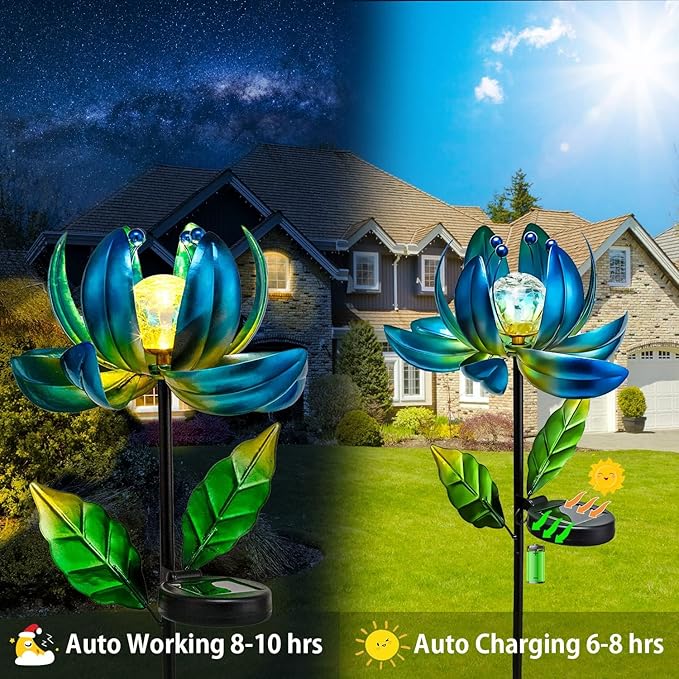 Solar Garden Lights Metal Flower Decor, Colorful Spinning Windmill Lotus Pathway Ligths with LED Cracked Crystal Ball Outdoor Decorative Stake Lighting Waterproof Flower Sculpture for Patio Yard-VerdiqueGarden