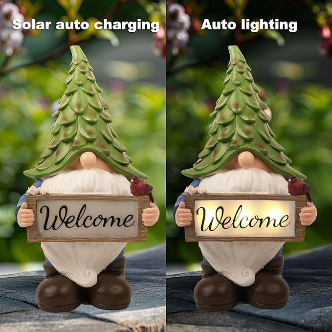 Garden Gnome Statue with Solar Lights, 13.5” Welcome Sign Gnome Outdoor Decor for Yard Lawn Patio, Funny Resin Gnome Sculptures, Gifts for Women Mom Grandma,Garden Decor Ornament-VerdiqueGarden
