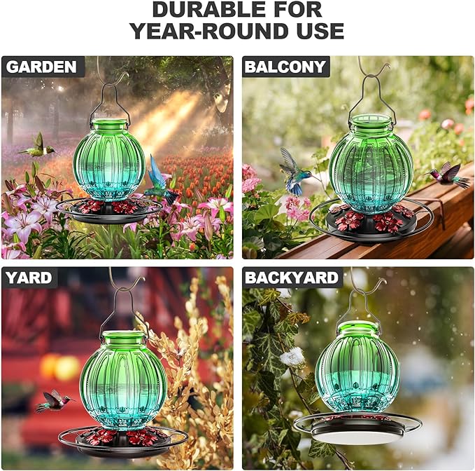 Glass Hummingbird Feeder for Outdoors Hanging, Bird Nectar Feeder with Perch & 5 Flower Feeding Ports, 26 Oz Leak Proof for Outside Garden Decor Backyard, Gifts for Women Mom, Green & Blue-VerdiqueGarden