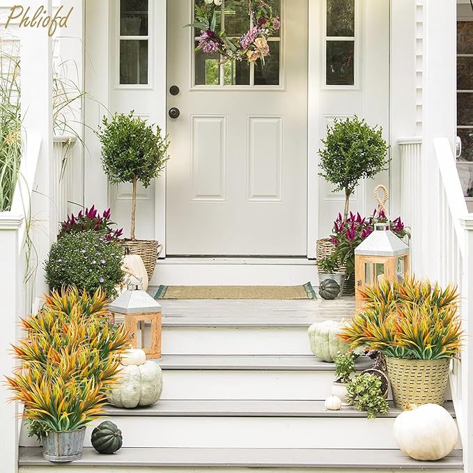 6Pcs Artificial Grass Fake Plants 17.3in Outdoor Plastic Plants UV Resistant Greenery Fake Grass for Home Window Garden Office Patio Hanging Planter Pathway Front Porch Décor Orange Yellow-VerdiqueGarden