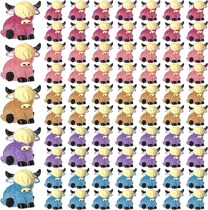 75 Pcs Mini Highland Cow Figurines Bulk Glitter Highland Cow Statues Mini Resin Animals Cute Tiny Resin Figures Animals Sculpture Ornament for Cake Topper Home Office Desk Decorations-VerdiqueGarden