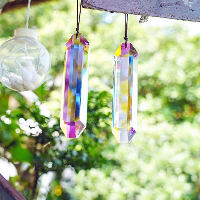 HDCRYSTALGIFTS 2PCS 5" Large Crystal Sun Catcher Prisms for Windows Indoor, AB Colored Hexagone Hanging Crystals Suncatchers, Rainbow Maker for Christmas,Patio,Chandelier,Garden Ornaments-VerdiqueGarden