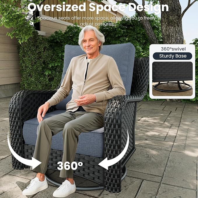 5 Pieces Outdoor Patio Furniture Sets with Rocking Swivel Chairs with 6-inch Thick Cushion and Side Table for Deck Lawn-VerdiqueGarden