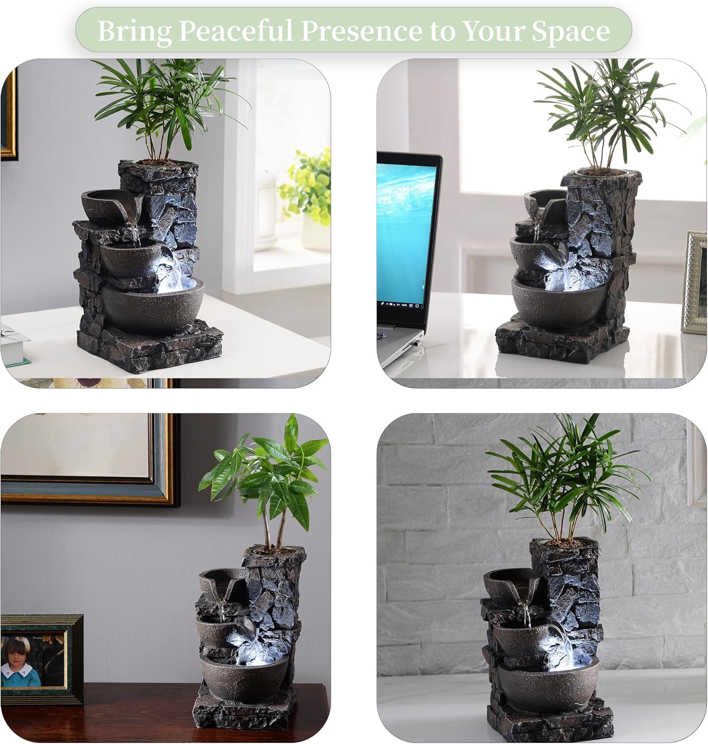 Indoor Tabletop Fountain Waterfall Meditation Exquisite Meditation Desk Water Decorative Zen Fountain Office and Home Decoration Grow Plant/Herbs by Yourself-VerdiqueGarden