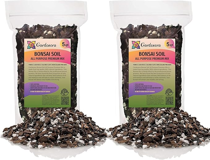 Premium Bonsai Soil All Purpose Fast Draining Mix - 10 Quart - Pumice, Lava, Calcined Clay and Pine Bark Potting Pre Mixed Bonsai Plant Soil Mixture by GARDENERA - Made in USA - (2 Bags of 5QT)-VerdiqueGarden