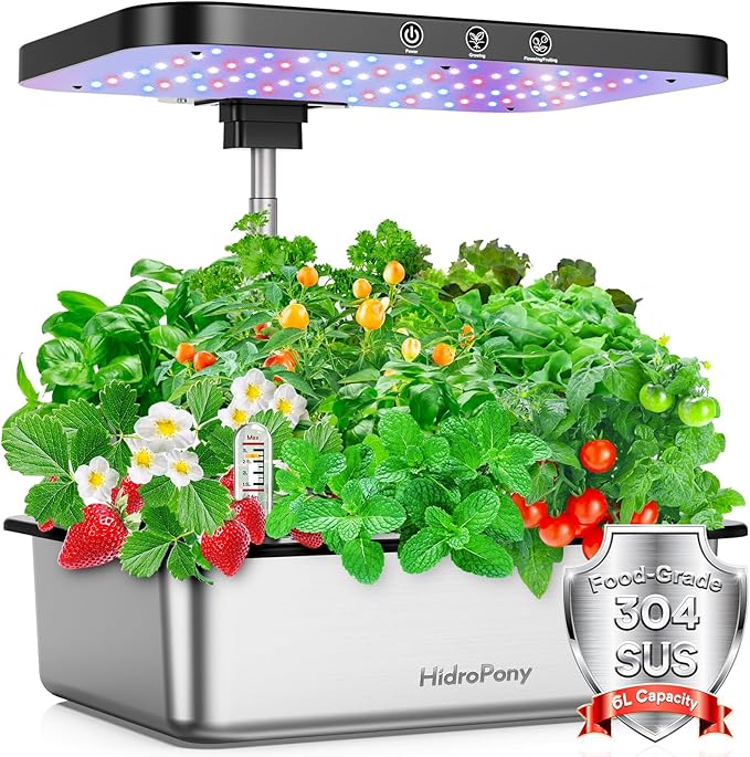 Hydroponics Growing System Herb Garden - HidroPony 15 Pods Indoor Gardening System with Grow Light, Stainless Steel Plants Germination Kit with Quiet Pump System, Gardening Gifts for Women-VerdiqueGarden