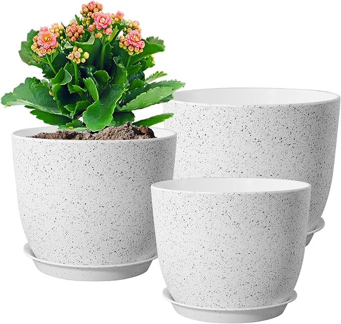 10/9/8 inch Medium Plant Pots, Set of 3 Modern Decorative Plastic Planters with Drainage Holes and Saucers for Garden House Plants, Flower Pots for Indoor Outdoor Plants, Speckled White-VerdiqueGarden