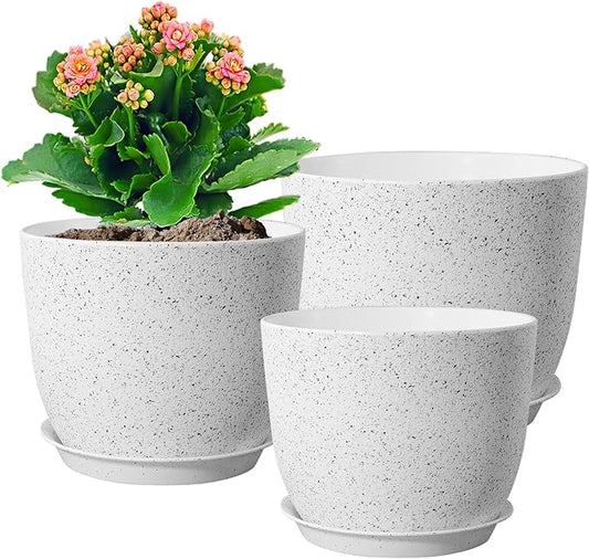 10/9/8 inch Medium Plant Pots, Set of 3 Modern Decorative Plastic Planters with Drainage Holes and Saucers for Garden House Plants, Flower Pots for Indoor Outdoor Plants, Speckled White-VerdiqueGarden