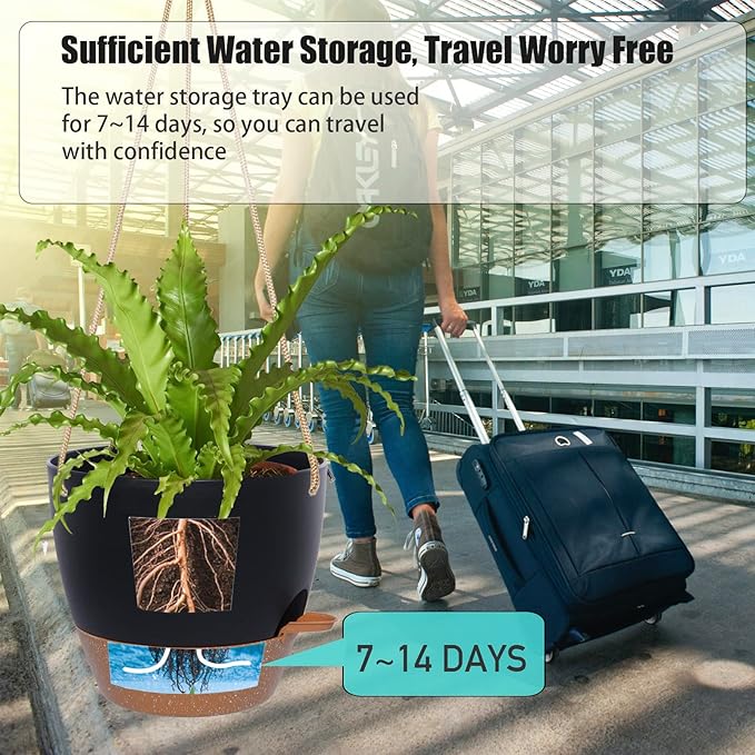 10 Inch Self Watering Hanging Pots, 2 Pack Hanging Planters with 40oZ Deep Reservior for Indoor Outdoor Plants Flowers, Black with Brown-VerdiqueGarden