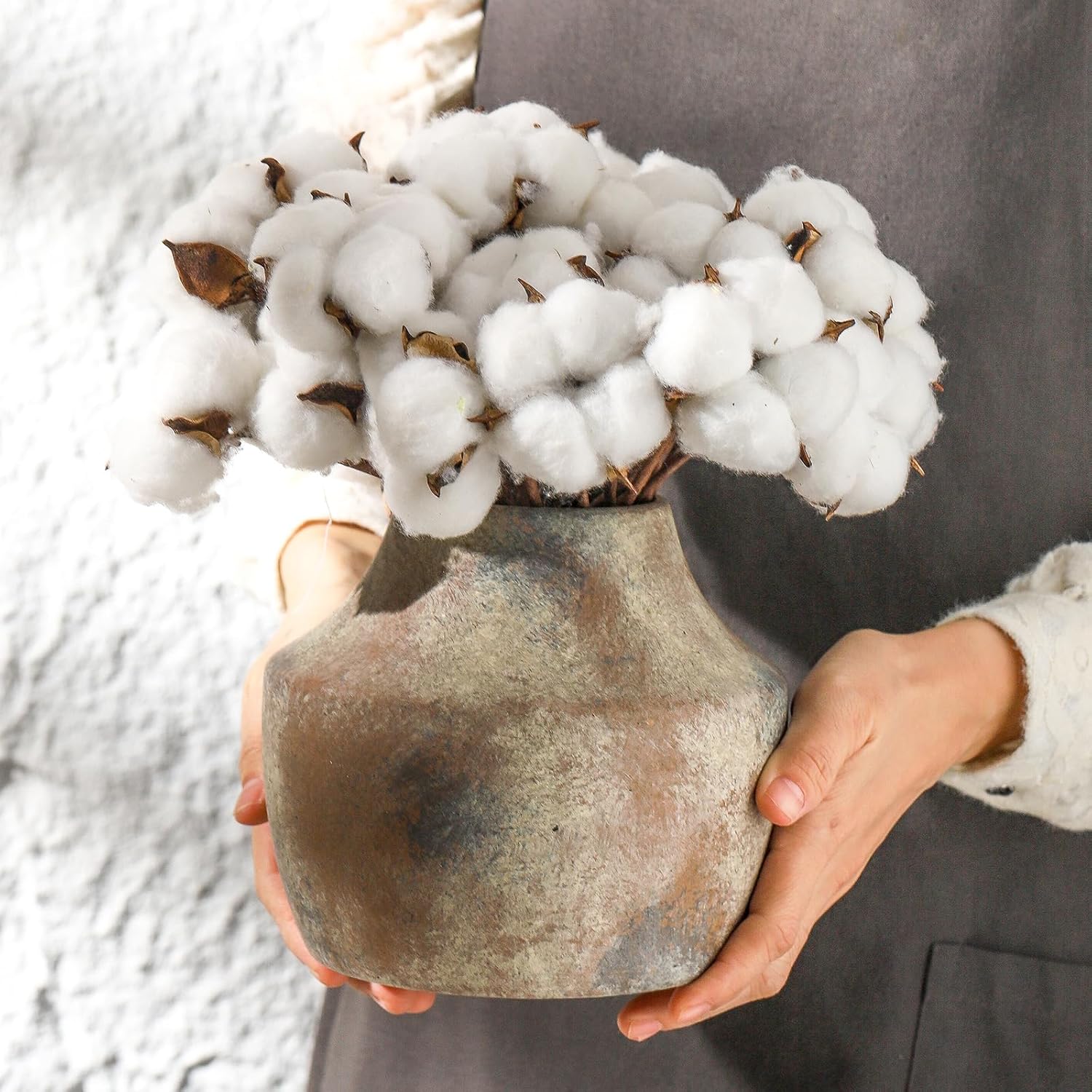 Mitt&Ditt Ceramic Flower Vase, 5.3 inch Pottery Farmhouse Rustic Vase, Handcrafted Weathered Vases, Small Flower Terracotta Vases for Home Decor, Living Room, Table, Shelf, Mantel, Neutral-VerdiqueGarden