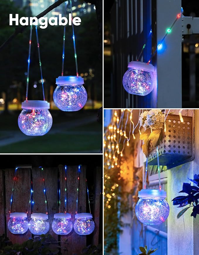 Solar Lantern Solar Lights Outdoor Waterproof 6-Pack, Solar Powered Hanging Lights Cracked Glass Hanging Globes for Christmas Decoration, Shepherd Hook, Garden Tree Ornaments,White Cap, Multi-Color-VerdiqueGarden