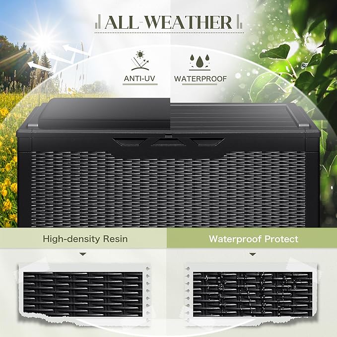 Greesum 100 Gallon Resin Deck Box Large Outdoor Storage with Cushions for Patio Furniture, Garden Tools, Pool Supplies, Weatherproof and UV Resistant, Lockable, Black-VerdiqueGarden