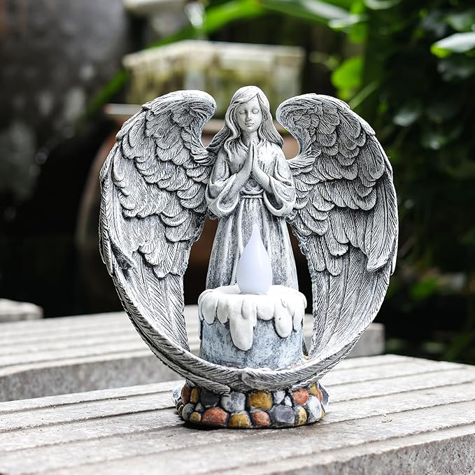 Angel Garden Statues Outdoor Cemetery Decorations for Grave Take The Cross Praying Wings Angel Figurine Cemetery Lights Patio Lawn Yard Porch Decorations 10.24 Inch-VerdiqueGarden