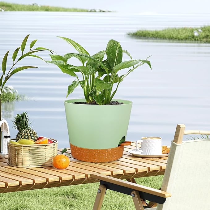 12 inch Large Self Watering Pots for Indoor Outdoor Plants, Flower Plant Pots with Drainage Holes for Garden House Plants, Plastic Planters with Reservoir for Home Plants, Green with Brown-VerdiqueGarden