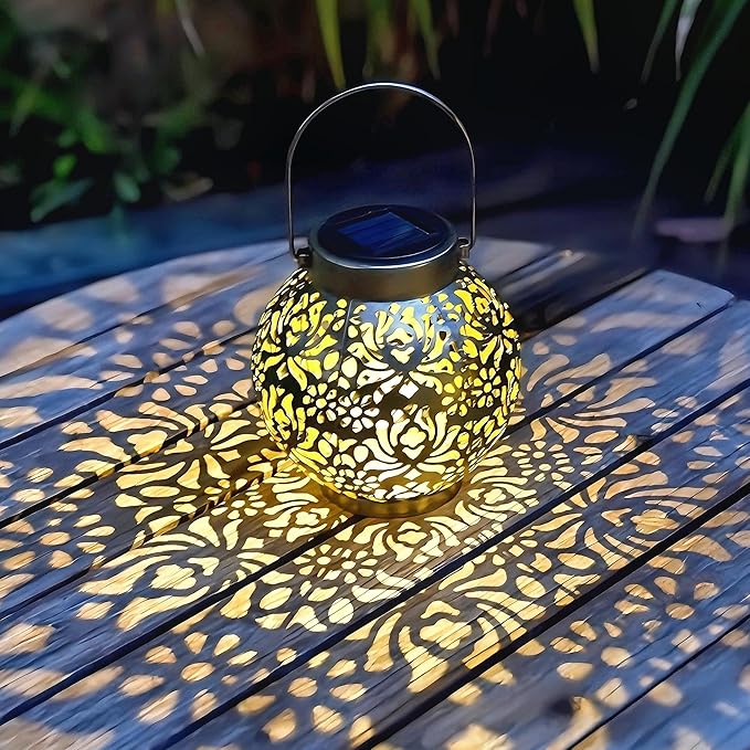 Set of 2 Outdoor Solar Hanging Lantern Lights Metal LED Decorative Lamp for Garden Patio Courtyard Lawn and Table with Hollowed-Out Design (Antique Bronze)-VerdiqueGarden