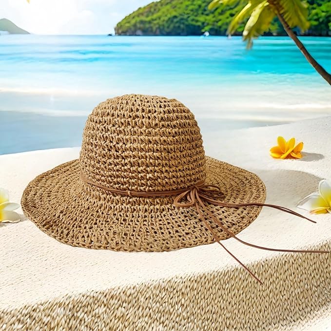 Womens Straw Beach Sun Hats, Foldable Packable Floppy Handmade Crochet Hats for Women,Large Summer Vacation Wide Brim Hat-VerdiqueGarden