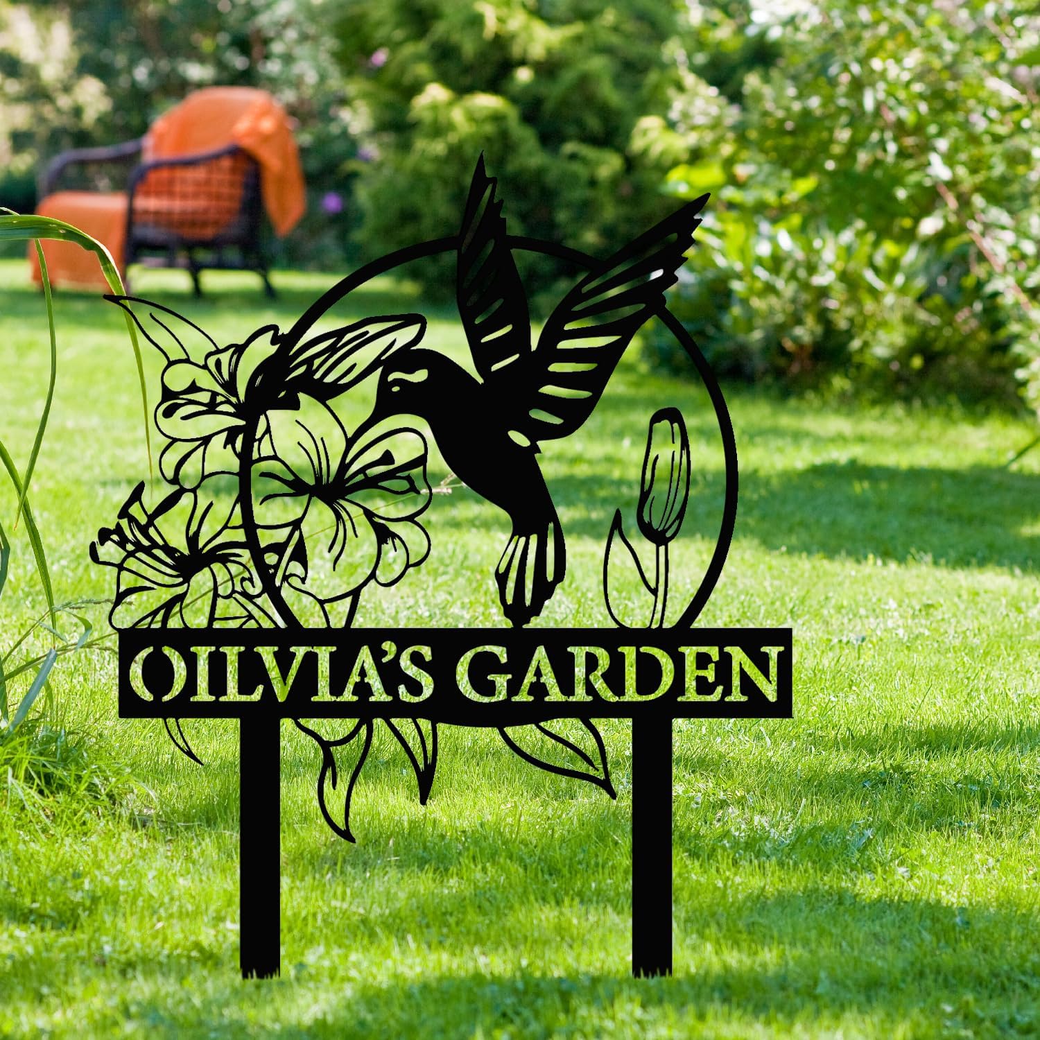 Custom Hummingbird Metal Garden Decor, Personalized Bird with Stakes Garden Sign, Flower Design Personalized Garden Sign, Custom Garden Name Sign, Home Gift, Large Outdoor Decor, Patio Decor-VerdiqueGarden