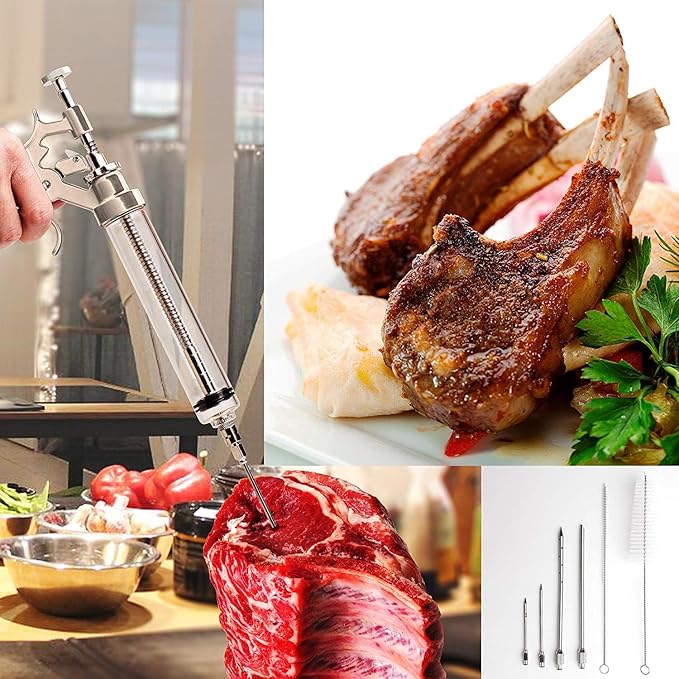 Meat Injector Syringe Stainless Steel Outdoor Meat Kit Marinade Flavor Food Injector Syringes with 4 Marinades Needles Grill Smoker Injectors Professional Syringe Held Culinary Barbecue Tool For BBG-VerdiqueGarden
