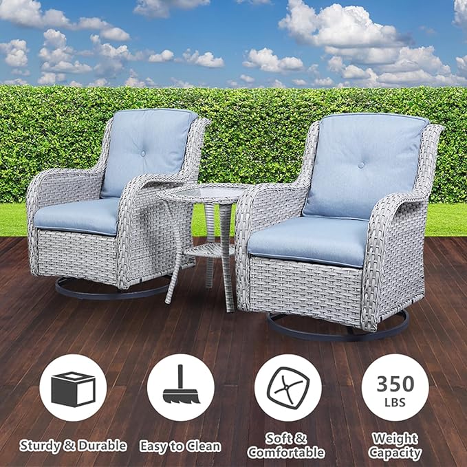 Outdoor Swivel Rocker Patio Chairs Set of 3, High Back Swivel Patio Chairs Wicker Furniture Set, 2 PCS Rattan Swivel Rocking Chair with Side Table, Light Grey Wicker-VerdiqueGarden