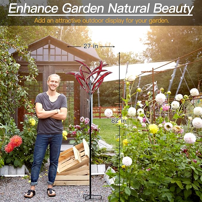 82 inch Wind Spinners Outdoor - Extra Large Metal Wind Sculptures & Spinner with Stake, Big Clearance Windmills for The Yard and Garden, Tall Yard Art Decor-Burgundy Red-VerdiqueGarden