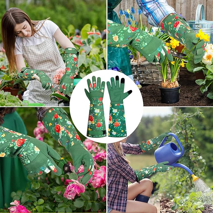 DLY Gardening Gloves,Leather Rose Gloves,Women's Long Gardening Glove for Work and Yard Work,Durable and Comfortable(Medium, Green-VerdiqueGarden