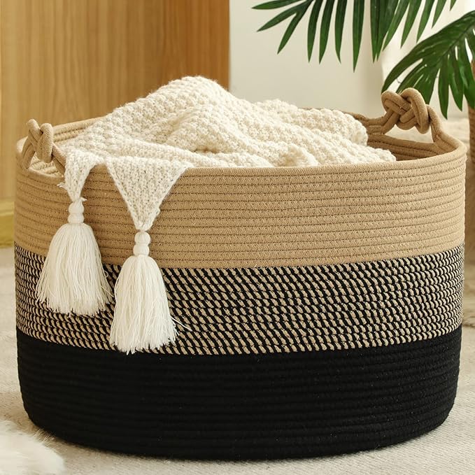 KAKAMAY Large Blanket Basket (20"x13"),Woven Rope Baskets for storage Baby Laundry Hamper, Cotton Rope Blanket Basket for Living Room, Laundry, Nursery, Pillows,Baby Toy chest (Jute/Black)-VerdiqueGarden