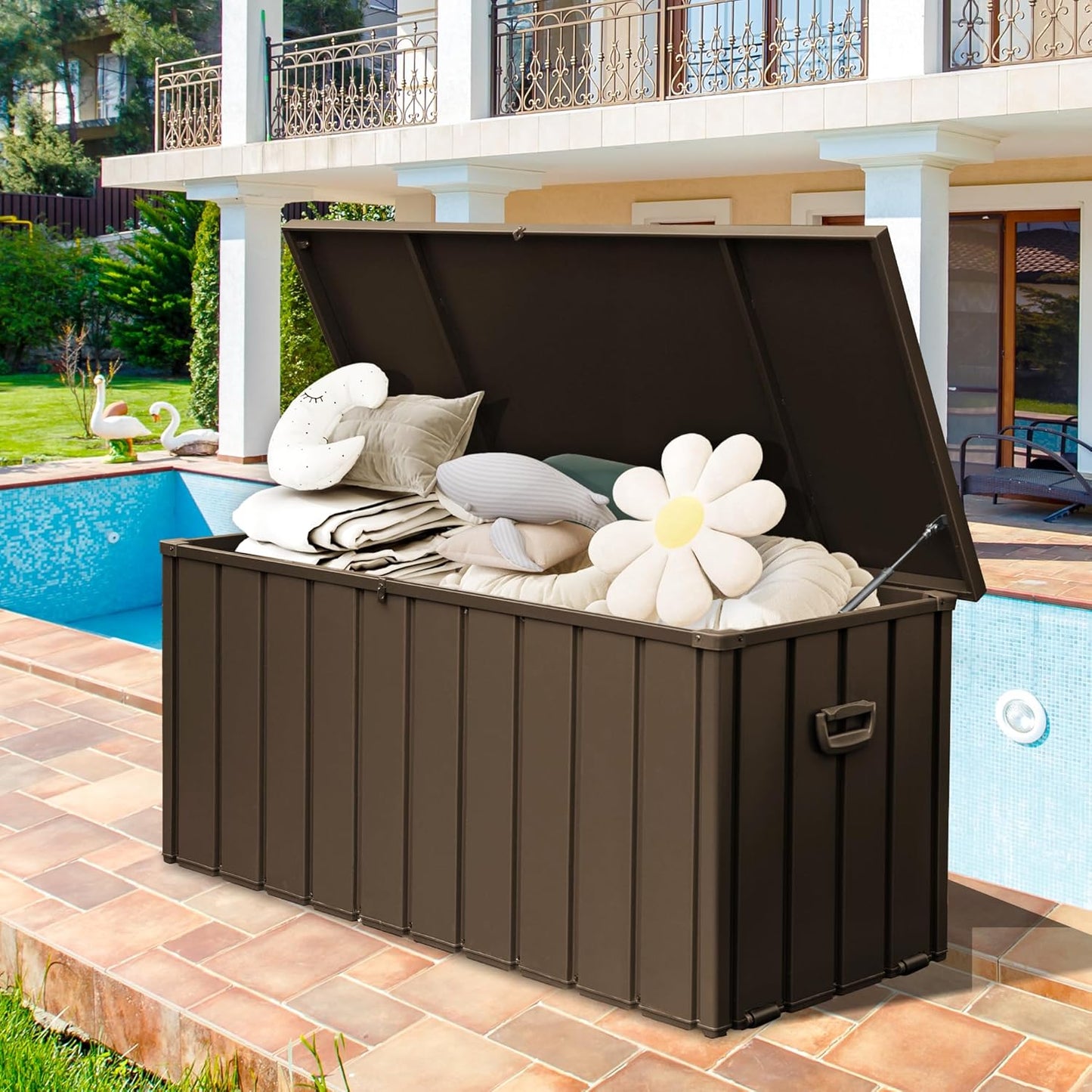 190 Gallon Metal Deck Box, Waterproof Steel Outdoor Box, Large Patio Furniture Storage Cabinet, Lockable Storage Bench for Porch Package Delivery, Pillows, Cushions, Pool, Tools, Backyard, Brown-VerdiqueGarden