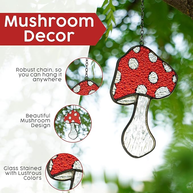 SENSORY4U Fly Agaric Hand-Painted Mushroom Stained Glass Suncatcher 3-Pack - Moon and Toadstool Window Hanging Ornaments - Nature-Inspired Home Décor for Plant and Mushroom Lovers-VerdiqueGarden