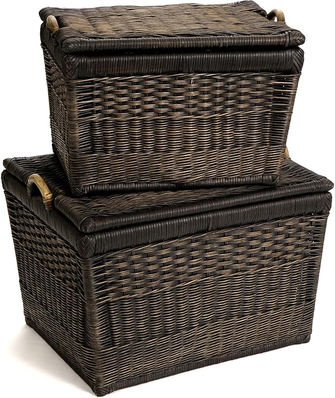 The Basket Lady Lift-Off Lid Wicker Storage Basket, Medium, 20 in L x 15 in W x 14 in H, Antique Walnut Brown-VerdiqueGarden