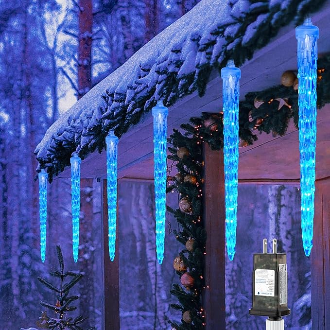 Icicle Lights Outdoor, 19.8Ft Meteor Shower Lights with 20 Tubes, Snowfall Shooting Star Light Effect, Falling Cascading Crystal Christmas Decorations for House, Eave, Roofline, Patio, Blue-VerdiqueGarden