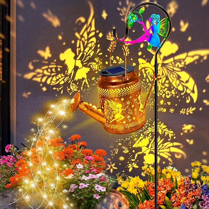 Solar Lanterns Outdoor Waterproof,Metal Watering Can Garden Decor,Fairy Hanging Solar Path Lights Yard Art,Outside Patio Decorations Gardening Birthday Gifts for Mom Grandma Women（with Shepherd Hook）-VerdiqueGarden
