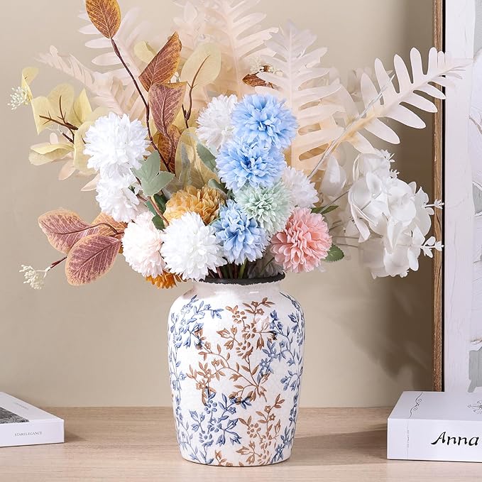 Vintage Vase for Flowers,Blue Chinoiserie Ceramic Vase,Rustic Farmhouse Cracked Vases,for Flower Arrangement,Living Room, Office, Shelf, Fireplace Tables,Centerpieces,Chinoiserie Pottery Decor(C)-VerdiqueGarden