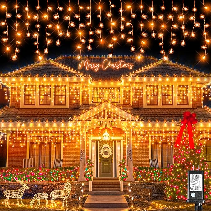 Christmas Icicle Lights Outdoor, 66ft 640 LED Icicle Lights for Outside with 8 Modes Timers, Waterproof Plug in Twinkle String Light for House Yard Eave Patio Party Holiday Decorations, Orange-VerdiqueGarden