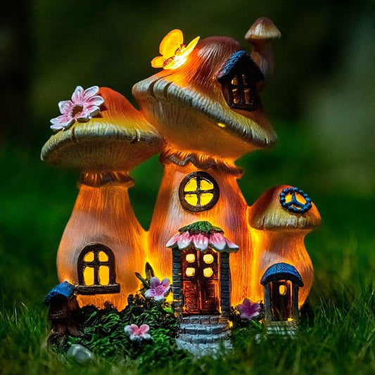 Solar Garden Statue Lights Mushroom Fairy House Figurine, Outdoor Memorial Garden Ornaments Waterproof Decoration for Outside Patio Yard Lawn Decor-VerdiqueGarden