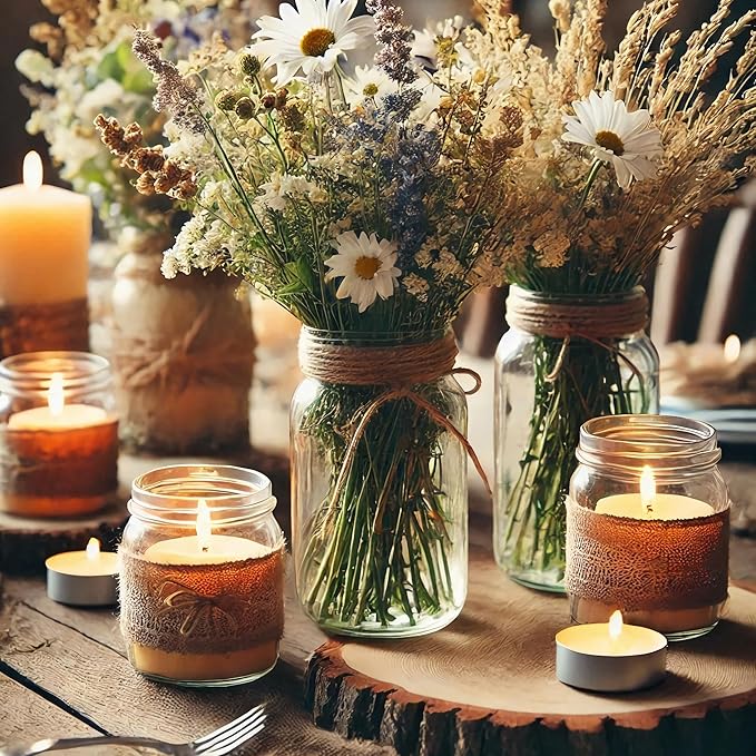 Vintage Glass Flower Vase，12 Pack Farmhouse Transparent White Glass Centerpiece Vases Mason Jars for Weddings, Parties & Home Decor Bulk (12, Transparent)-VerdiqueGarden