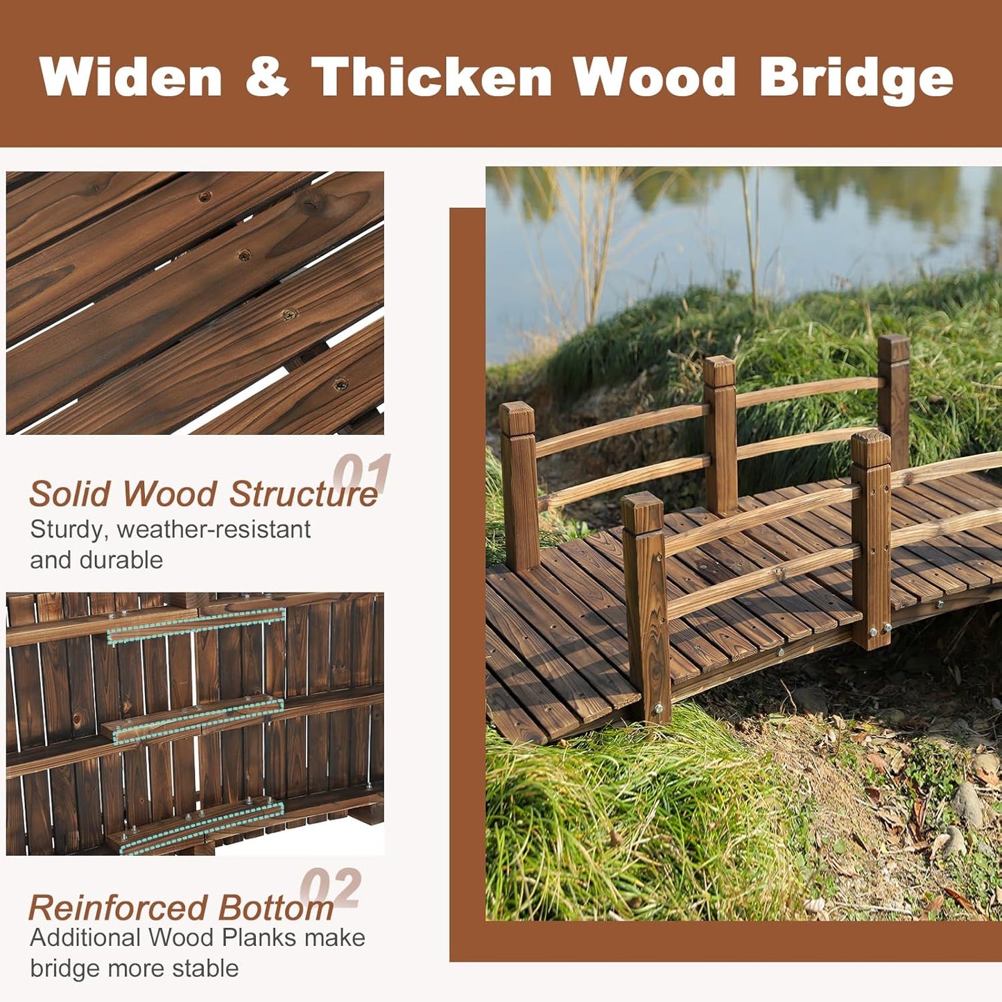HOMEDIARY Fir Wood Garden Bridge, Outdoor Stained Finish Arc Footbridge Walkway with Double Safety Railings, Decorative Pond Bridge Landscaping for Backyard Farm Garden Creek Pond Decor, Carbonized-VerdiqueGarden
