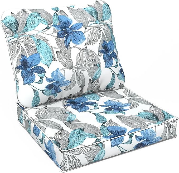 LVTXIII Outdoor Seat and Back Cushion Patio Deep Seat Cushion Set Seasonal Chair Cushion for Wicker Chairs and Garden Furniture Decoration, 24"x24"x4", Clemens Noir Blue-VerdiqueGarden