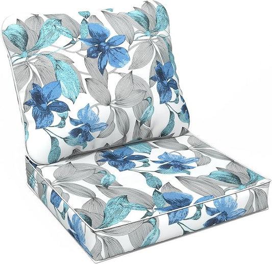 LVTXIII Outdoor Seat and Back Cushion Patio Deep Seat Cushion Set Seasonal Chair Cushion for Wicker Chairs and Garden Furniture Decoration, 24"x24"x4", Clemens Noir Blue-VerdiqueGarden