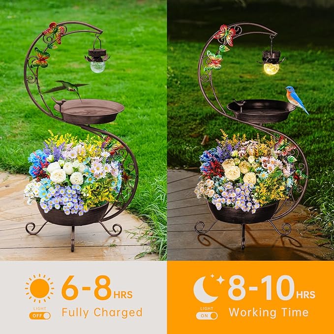 Bird Bath for Outside with Solar Lamp, 36" Birdbaths for Outdoors with Planter Flower Pot, Metal Bird Bath Bowl for Garden Yard Decor (All Vintage Brown)-VerdiqueGarden