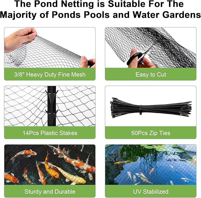 Pond Netting, Pond Netting for Koi Ponds 15 x 20 FT Pond Net, Heavy Duty Woven Fine Mesh Pond Garden Pool Netting Kit for Leaves to Catch Leaves and Debris, Protects Koi Fish from Birds Cats Predators-VerdiqueGarden