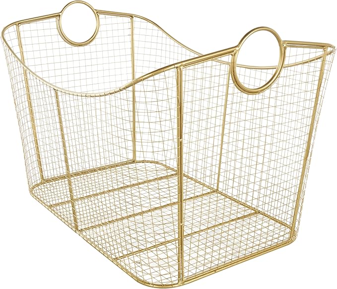 Deco 79 Metal Geometric Decorative and Functional Storage Basket Wire Grid Basket Organizer with Curved Edges Ring Handles, Basket for Storage 30" x 20" x 20", Gold-VerdiqueGarden