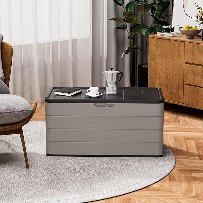 Heavy-Duty 100 Gallon Outdoor Storage Bench - Waterproof Patio Deck Box for Outside Use, Lockable Resin Storage with UV Protection, Granite Grey-VerdiqueGarden