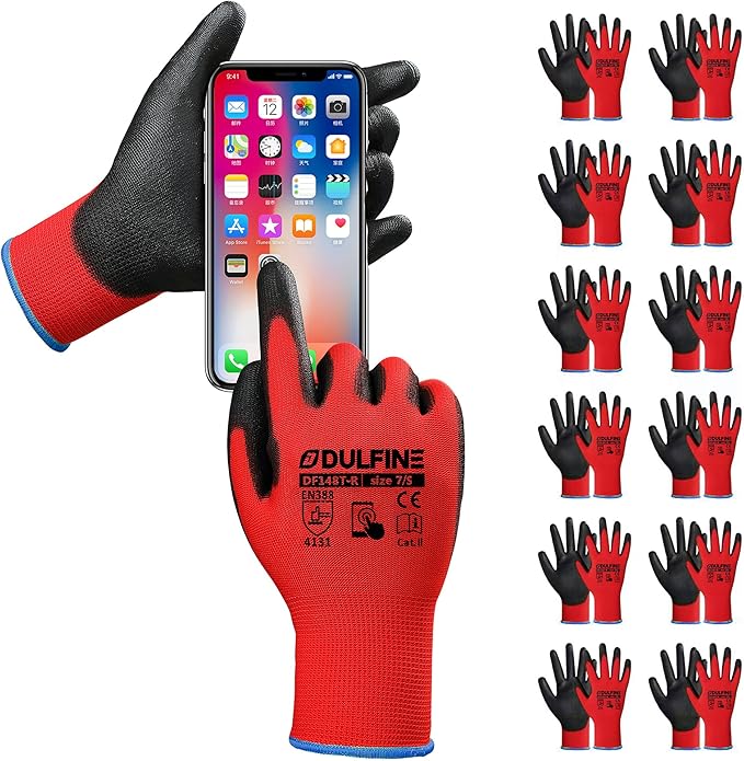 DULFINE Safety Work Gloves PU Coated for Men and Women-12 Pairs,Red Seamless Knit Glove with Two Fingers Touchscreen,Ideal for General Duty Work (Small)-VerdiqueGarden