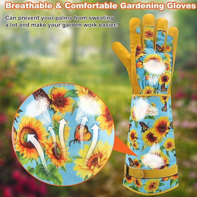 DLY Gardening Gloves for Women, Rose Gloves Gardening Thorn Proof, Long Garden Gloves for Women, Breathable Cowhide Leather Gauntlet (Medium, Blue)-VerdiqueGarden