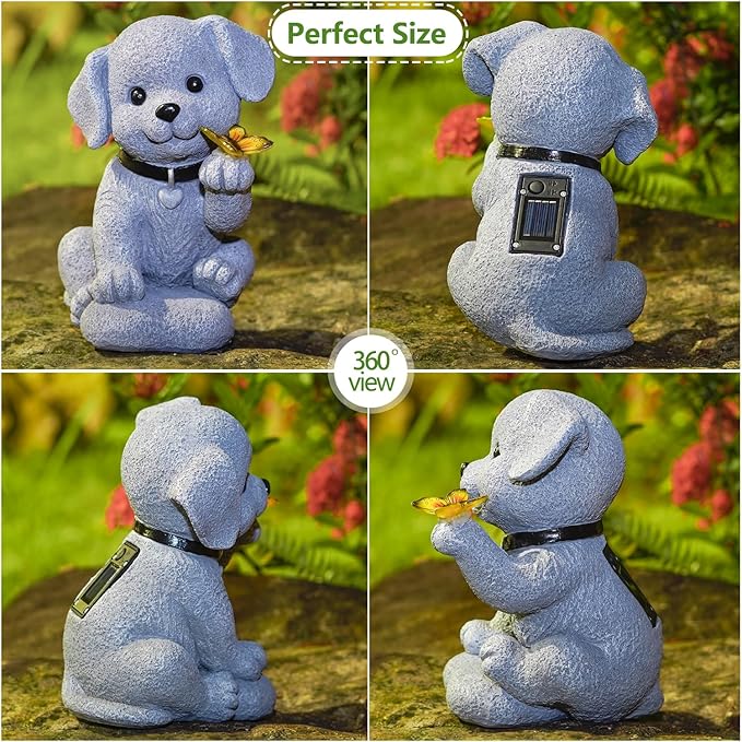 Solar Dog Statue Garden Decor with Butterfly Light – Waterproof Outdoor Yard Art for Patio, Lawn, Balcony for Mother’s Day, Father’s Day, Housewarming, Mom, Dad, Grandma, Men, Women-VerdiqueGarden